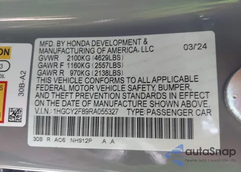 2024 Honda Accord Hybrid Touring z USA, uszkodzony, nr VIN 1HGCY2F89RA055327